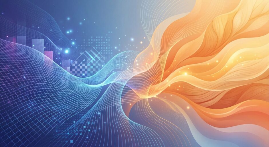 AIと人間の融合を表現する抽象的なビジュアル